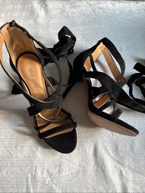 Nine West Black Suede Lace-Up Stiletto Sandals with Back Zip – 4" Heel, size 6.5